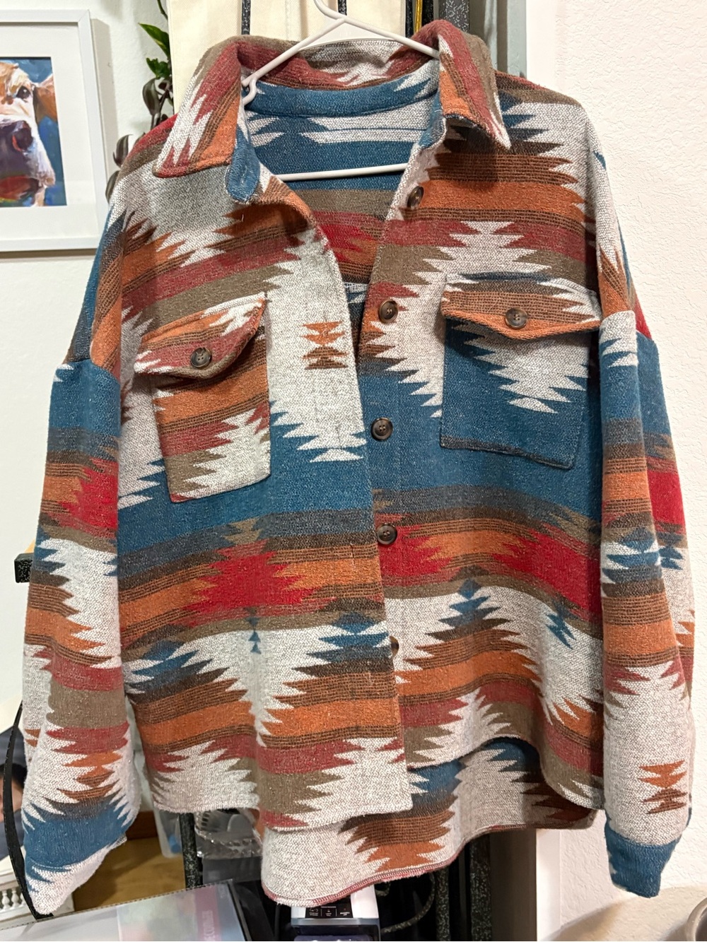 Southwestern Pattern Button-Up Shacket in Teal, Rust, Cream